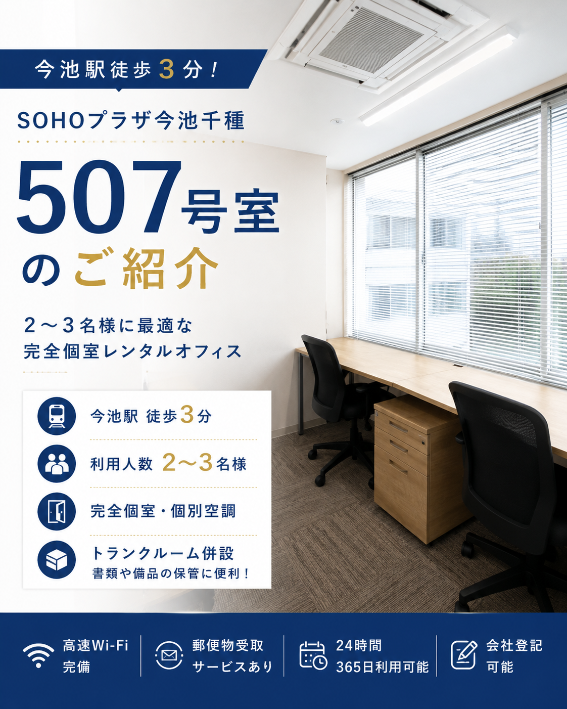 【2～3名様向け】今池駅徒歩3分の完全個室オフィス｜SOHOプラザ今池千種507号室のご紹介